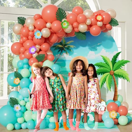 151pcs Tropical Balloon Arch Kit - Coral Red, Green, Blue, Gold