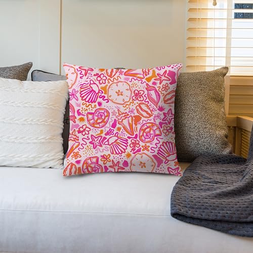 Nipil Boho Beach Throw Pillow Cover, 18x18 Pink & Orange Flannel Cushion