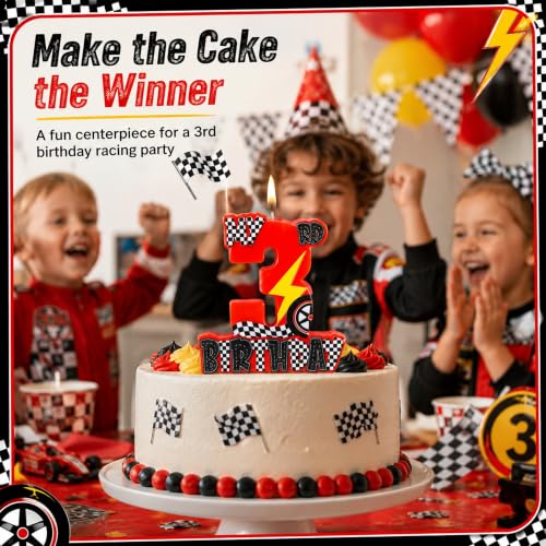 3rd Birthday Race Car Candle - Red Racing Theme Cake Topper