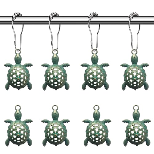 Decorative Green Sea Turtle Shower Curtain Hooks - Silver Rings