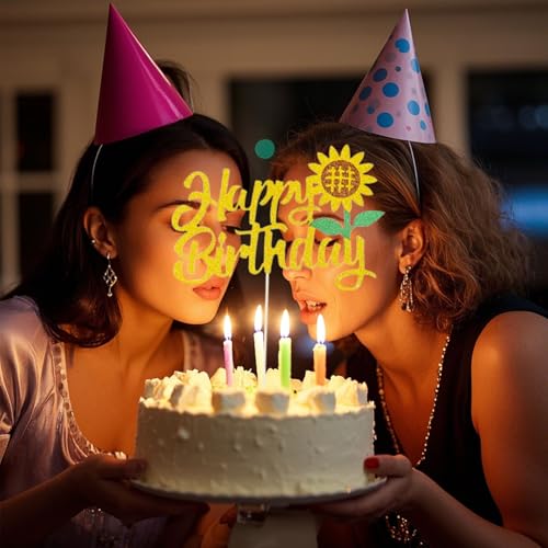 Sunflower Happy Birthday Cake Topper - Gold Glitter Decor