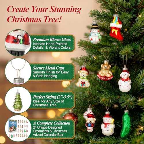 24 Glass Christmas Ornaments with Advent Calendar Set - Holiday Tree Decor