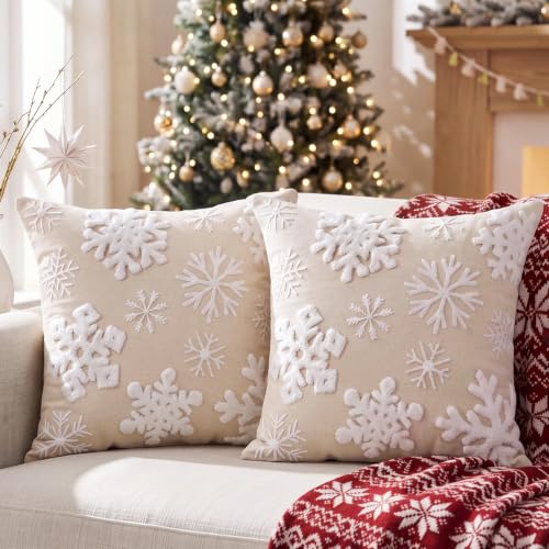 Christmas Snowflake Pillow Covers 18x18 Inches Set of 2 - White Cotton Canvas Holiday Decor