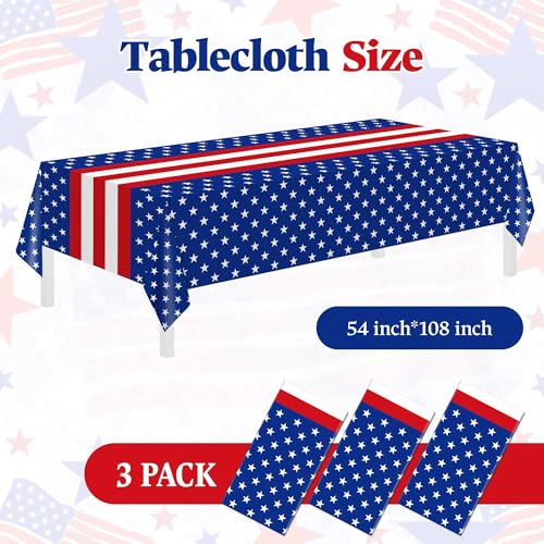 Childom Patriotic Tablecloths - 3 Pack American Flag Plastic Covers 54x108"