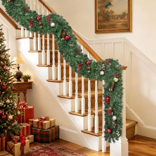 Prelit Christmas Garland with Lights - 9 FT Faux Evergreen Wreath with 50 LEDs, Berries & Pinecones, Indoor Decor, 1 Pack