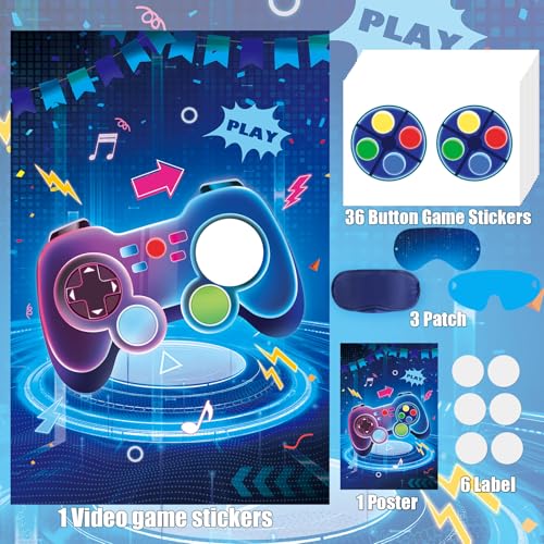 Video Game Party Game Set with Poster and 36 Sticker Pins for Kids Birthday
