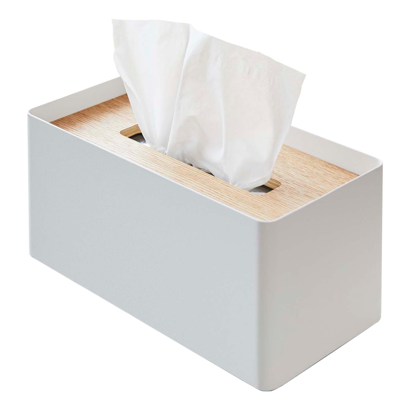 Yamazaki Home Rin Reusable Tissue Box Cover Metal Holder Container Case with Natural Wooden Lid - Steel