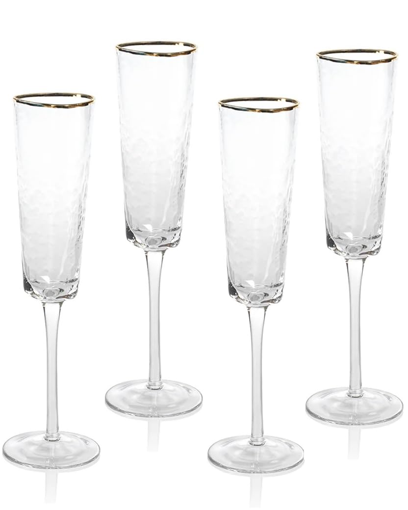 A CIVILIZED MAN Amalfi Hammered Triangular Glassware or Stemware with Gold Rims - Elegant Crystal Cocktail Glassware for Parties, Gifts & Home Bar - Sets of 4 (Champagne - S/4)