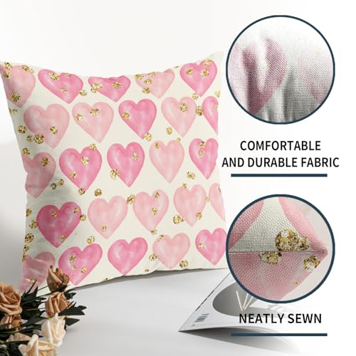 Valentine's Day Decorative Pillow Covers - Set of 2, 18x18 Inch Pink Heart with Golden Polka Dots