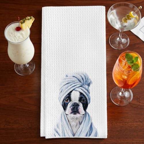 Boston Terrier Waffle Weave Bathroom Towels for Dog Lovers
