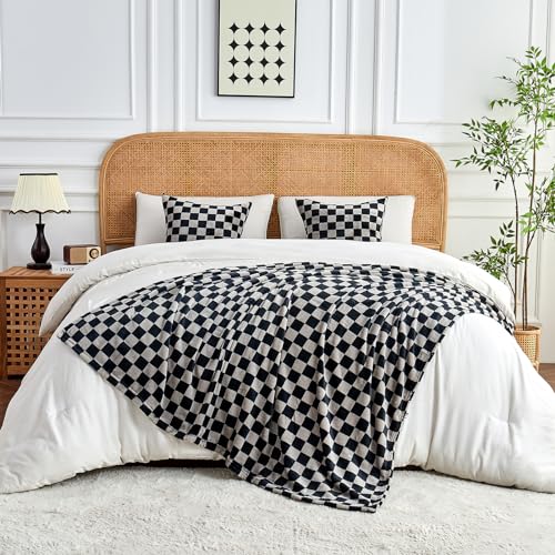 Checkered Flannel Fleece Throw Blanket 50x60 Black Grey Cozy Bed Couch
