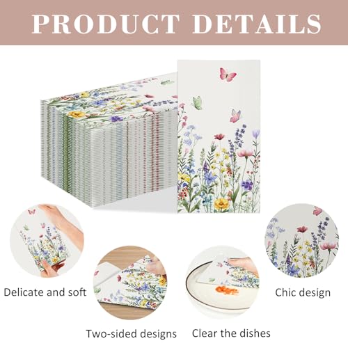 50 Floral Paper Napkins with Wildflower & Butterfly Design