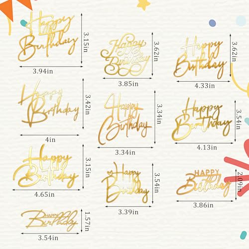 10 Pcs Gold Happy Birthday Cake Toppers - Mirror Acrylic Decor