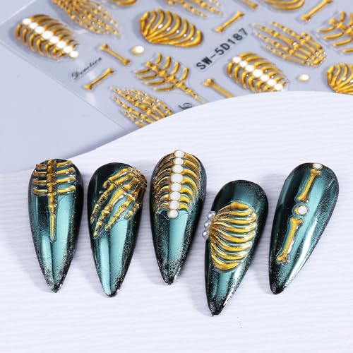 Qdsuh 5D Embossed Skull Halloween Nail Art Stickers Gold Rose Gold