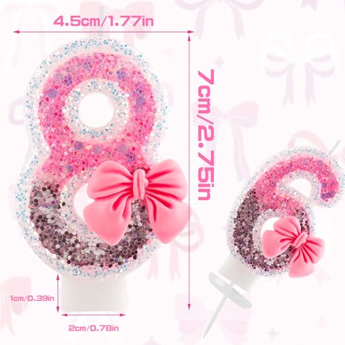 Pink Bow Number 2 Birthday Candle Glitter Cake Topper for Girls Party