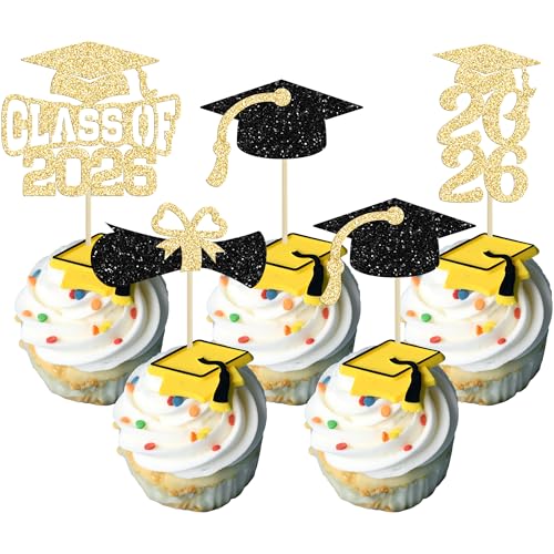 Ephlyn 36Pcs Class of 2026 Gold Glitter Graduation Cupcake Toppers