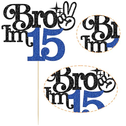 Brother I'm 15 Cake Topper - Glitter Happy 15th Birthday Decoration | Blue & Black