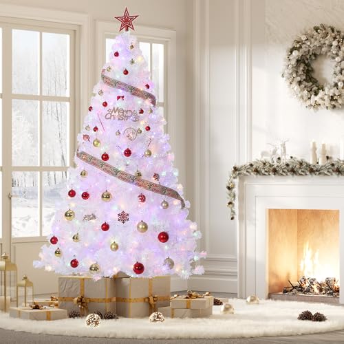 4ft 6in Prelit White Artificial Christmas Tree with 150 Warm White Lights, Snow Flocked, Foldable Base, Holiday Decor
