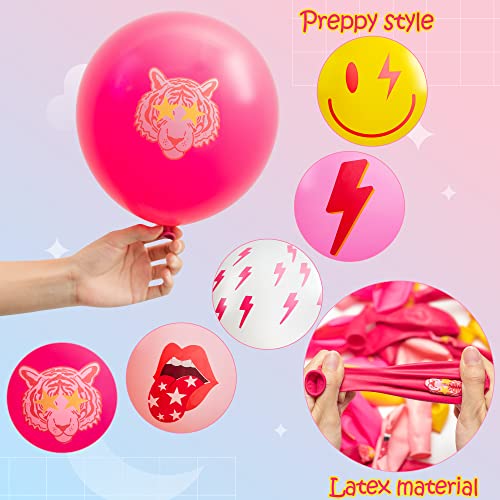 50Pcs Hot Pink Y2K Party Balloons with Smile Faces & Lightning