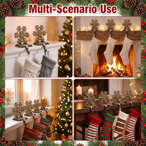 2 Pcs Snowflake Christmas Stocking Holders for Mantel - Rustic Cast Iron Hooks