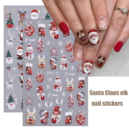 5D Embossed Christmas Nail Stickers Decals Santa Snowman 4 Sheets
