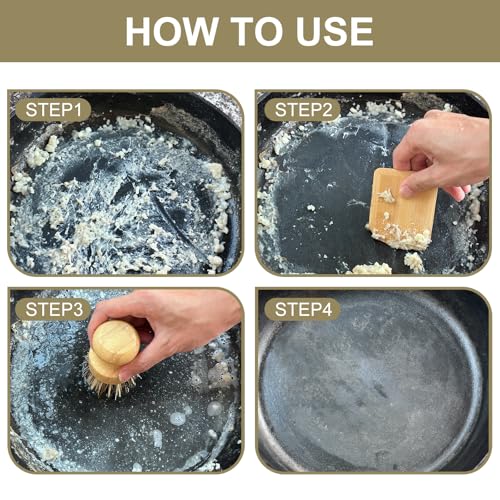 Bamboo Brush and Pot Scraper Set for Cast Iron Cookware