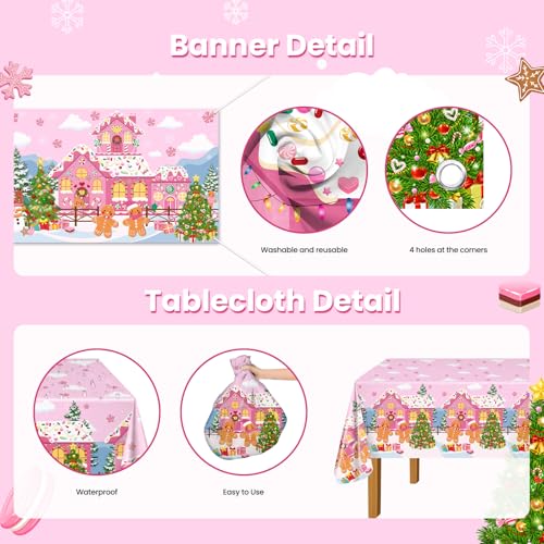 Pink Gingerbread Christmas Party Decorations Kit - Banners, Plates, Balloons & Napkins