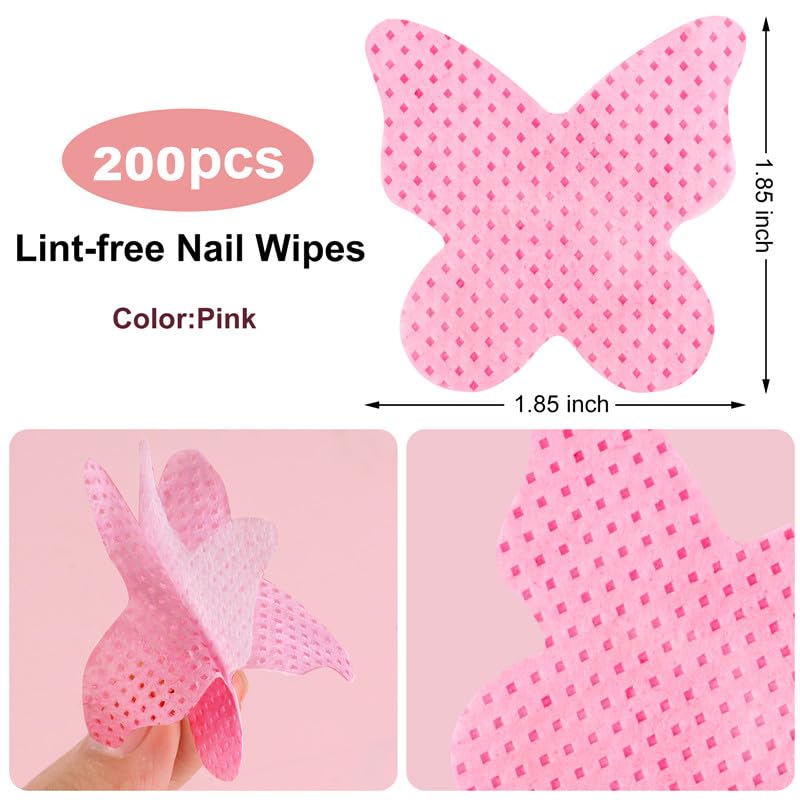 200PCS Lint Free Nail Wipes and Pump Dispenser Bottle, Pink