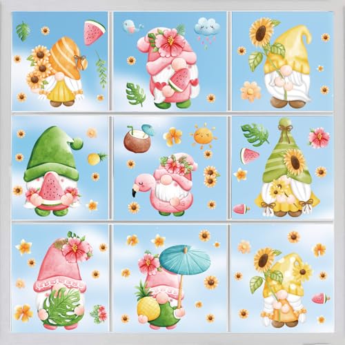 Hianjoo 72 Pcs Summer Gnome Window Clings - Tropical Fruit Decor