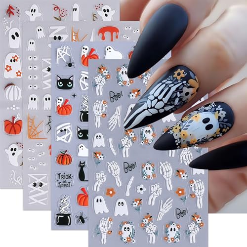 Halloween 5D Embossed Nail Stickers - 4 Sheets Cute Ghost Pumpkin Decals