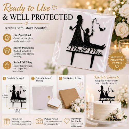 Mr and Mrs Fishing Couple Cake Topper - Black Glitter Decor
