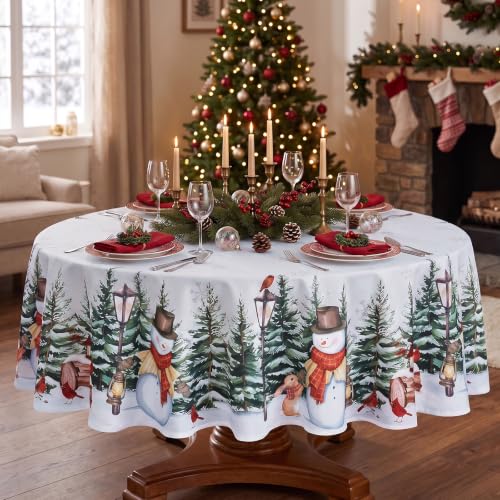 Romanstile White Christmas Round Tablecloth 70 Inch Snowman Trees Winter Decor