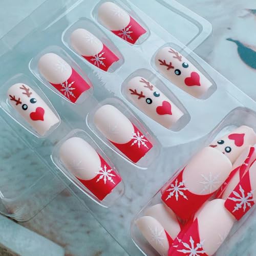 Christmas Press on Nails French Winter Snowflake Acrylic Fake Nails