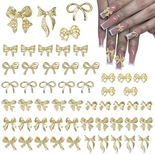 Wsimily 50pcs Gold Bow Nail Charms, 3D Luxury Alloy Bowknot Gems for DIY Manicure