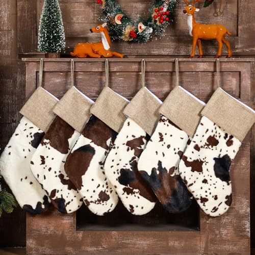 6 Pcs Large Cow Print Christmas Stockings Holiday Decor Bulk
