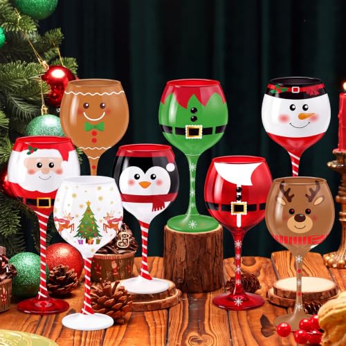 Christmas Wine Glasses Set - 8 Pcs 16.8 oz Holiday Stemware with Santa & Reindeer Designs - Variation: Classic