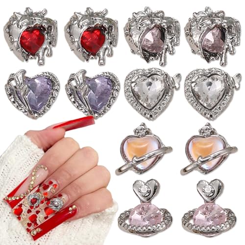 Sutaozhi 12Pcs 3D Silver Heart Nail Charms and Rhinestones for DIY Manicure
