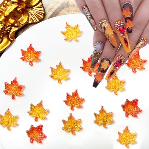 100Pcs 3D Fall Maple Leaf Nail Art Charms - Orange Gold Resin Autumn Gems