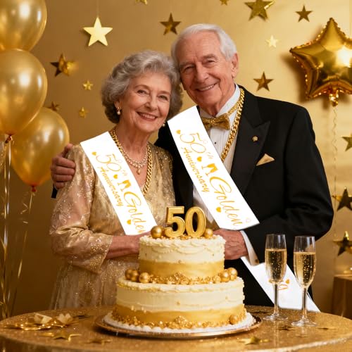 50th Wedding Anniversary Sash Set - Elegant Golden Design