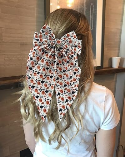 Halloween Hair Bow Clip Big Pumpkin Ghost Long Tail Ribbon Barrette