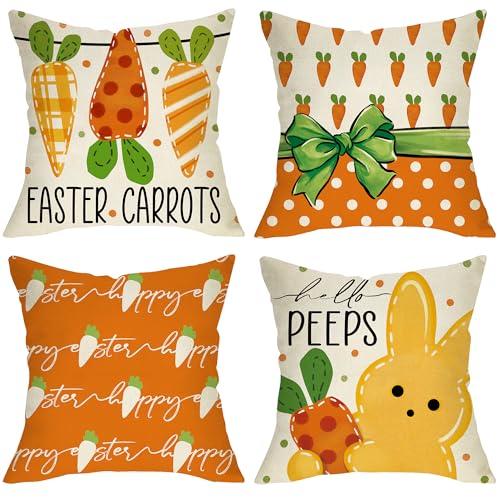 Happy Easter Carrots & Peeps Decorative Throw Pillow Covers - 20" x 20" (Pack of 4)