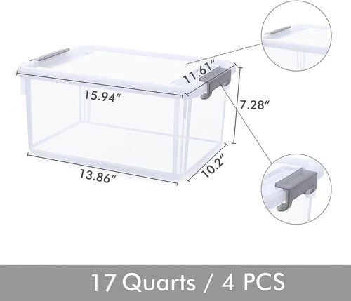 Citylife 17 QT Plastic Storage Bins - Stackable Latching Containers for Garage, Closet & Kitchen | 4 Pack