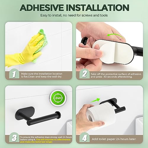 Matte Black Adhesive Toilet Paper Holder - SUS304 Stainless Steel, No Drilling