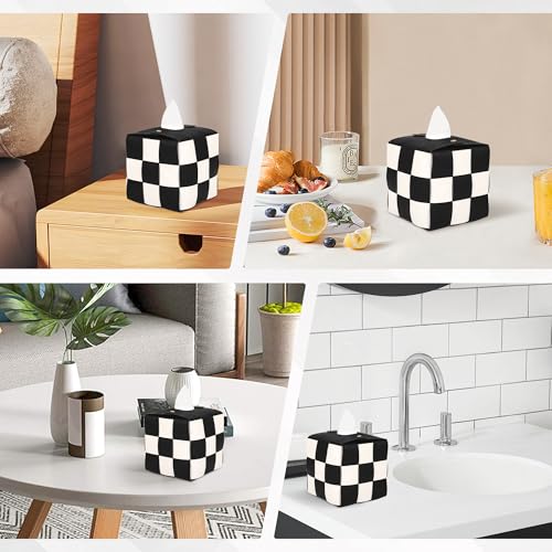 Modern Square PU Leather Tissue Box Cover - Black and Beige Checkered