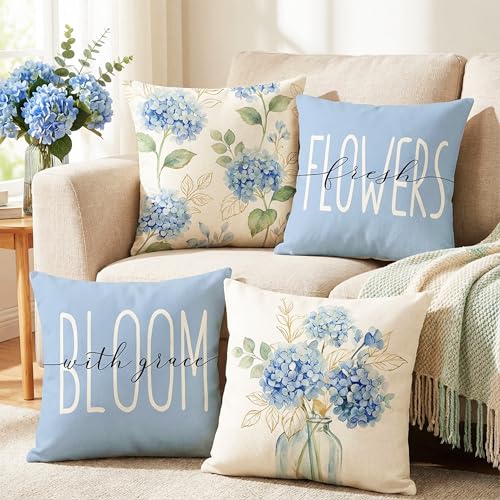 Blue Hydrangea Floral Throw Pillow Covers 18x18 Set of 4 - Durable Spring Home Decor