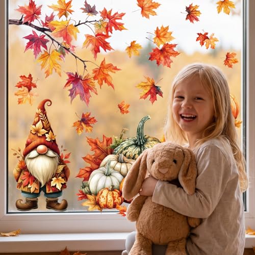Fall Window Clings with Gnomes & Leaves - 9 Sheets Autumn Decor