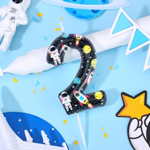 Number 2 Space Birthday Candle - Astronaut Planet Cake Topper
