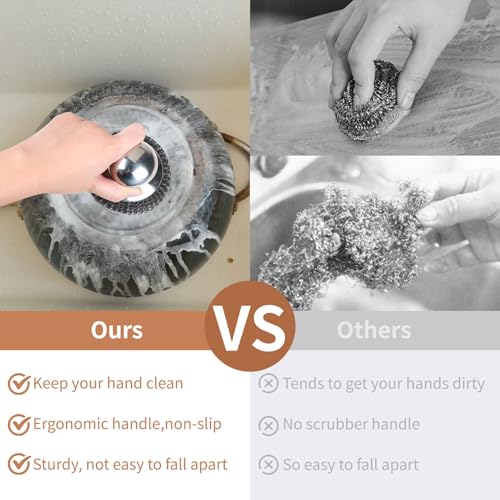 VinYankee Stainless Steel Wool Scrubber with Handle - 1 Handle & 4 Pads