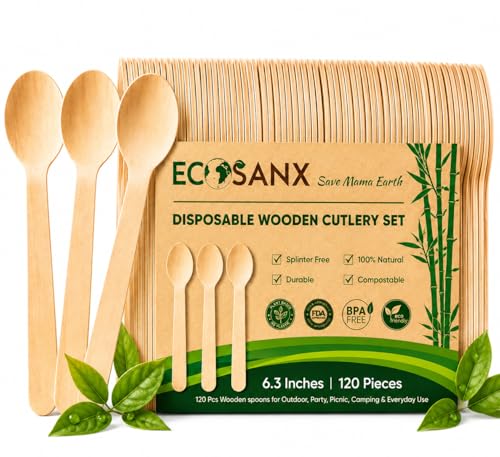 ECOSANX 120-Piece Disposable Wooden Spoons, 6.5" Eco-Friendly Compostable Cutlery