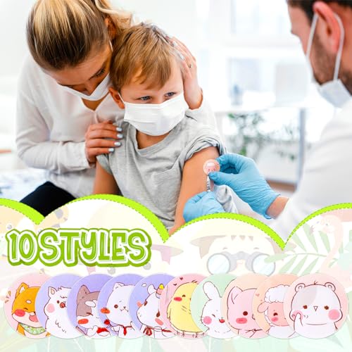 120Pcs Kids Bandages 10 Styles Cute Cartoon Bandaids Variety Pack,0.9In Round Vaccination Bandage Adhesive Dot Flexible Fabric Kids Bandaids for Small Wounds, Pimples, Vaccination and Blisters